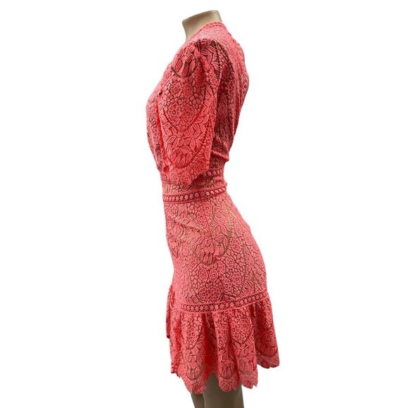 Saylor Darian Open Back Ruffle Mini Cocktail Dress Lace Crochet Coral Women XL - Picture 9 of 15